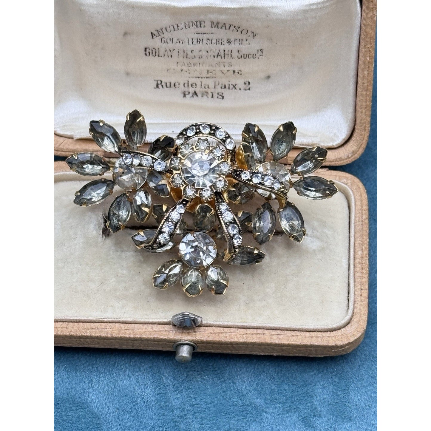 Vintage Brooch Rhinestone Goldtone Gray Clear Floral Spray 2 3/8” Estate