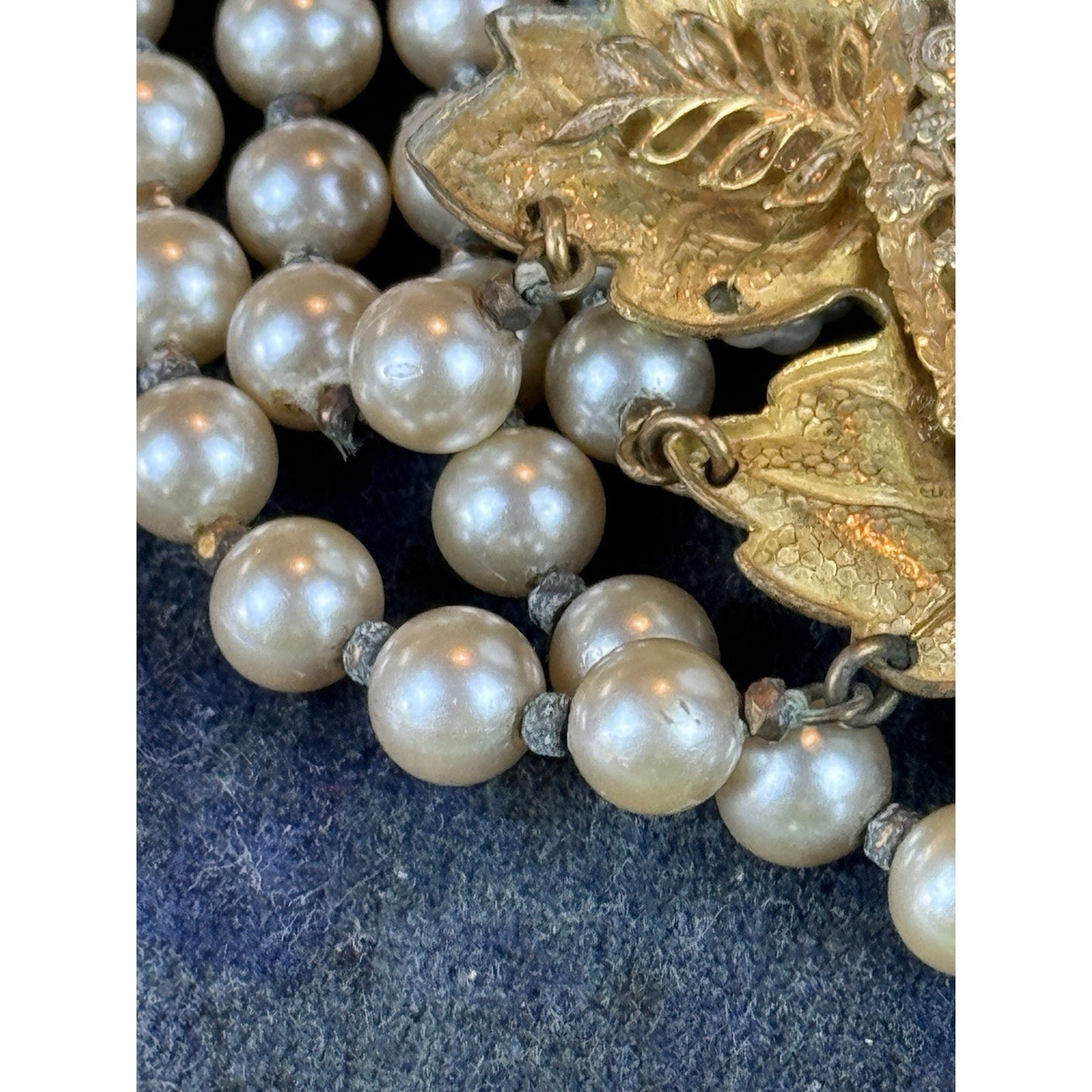 Miriam Haskell Choker Necklace 4 Strand Faux Pearl Goldtone Leaf 18” READ‼️