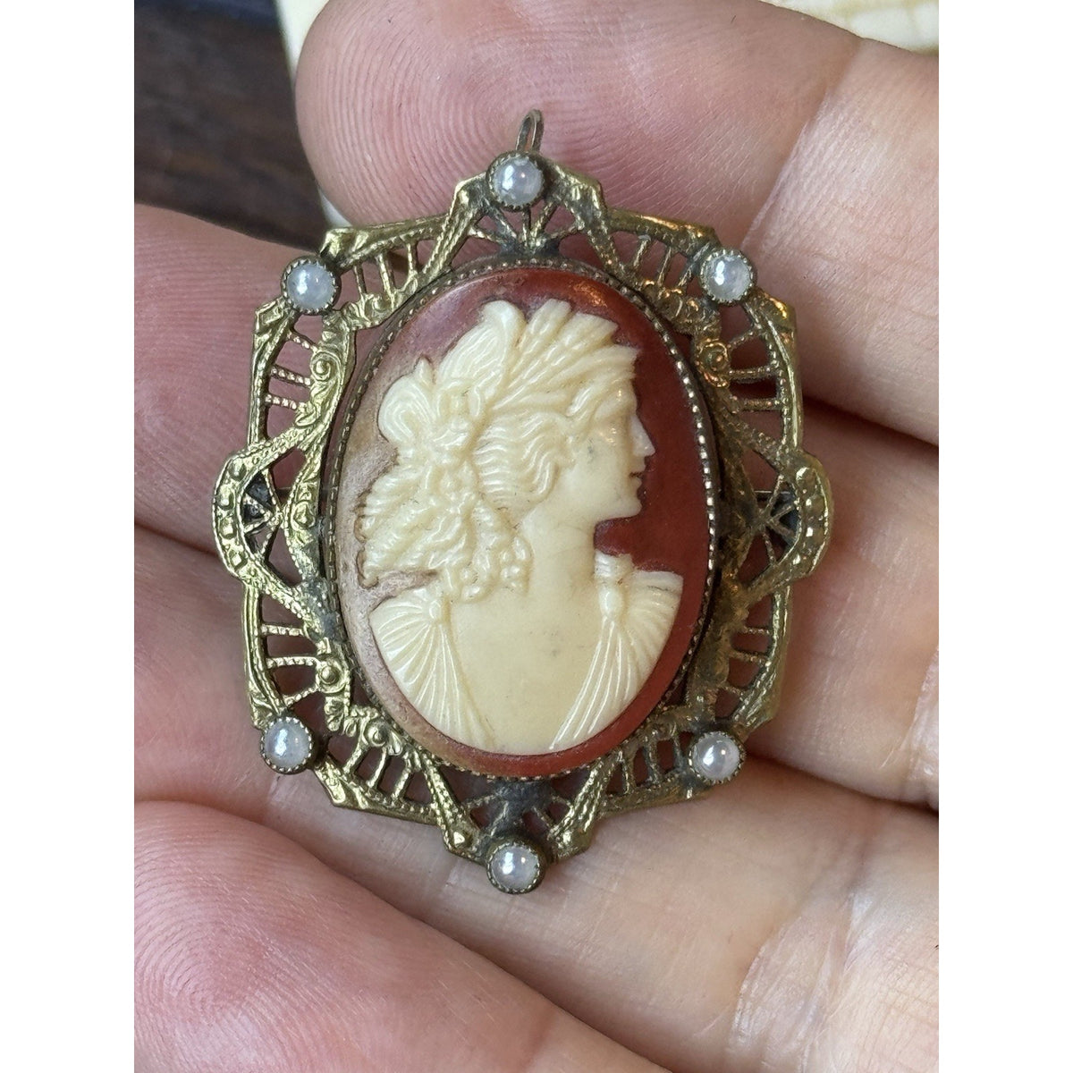 Vintage Faux Cameo Brooch Pendant Faux Pearl Filigree Frame Antique Style 1.875”