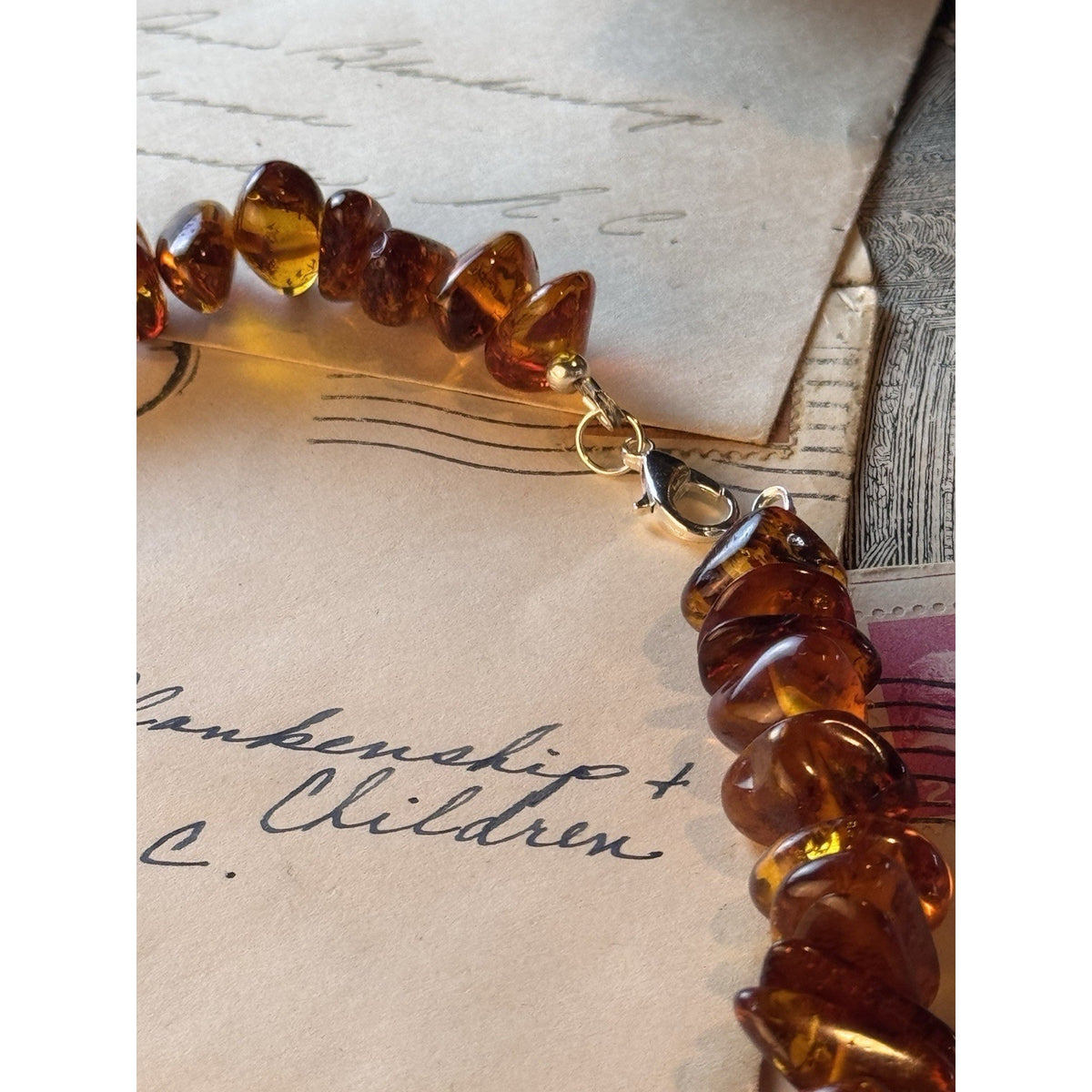 Vintage AMBER Necklace Chunky Graduated Nugget Beads Silvertone Clasp 16”