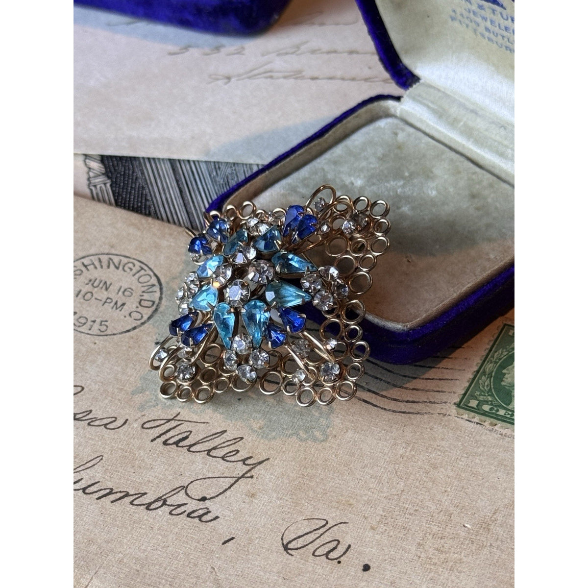 Deri Brooch Pendant Blue Rhinestone Gold Filled SIGNED 2” Vintage