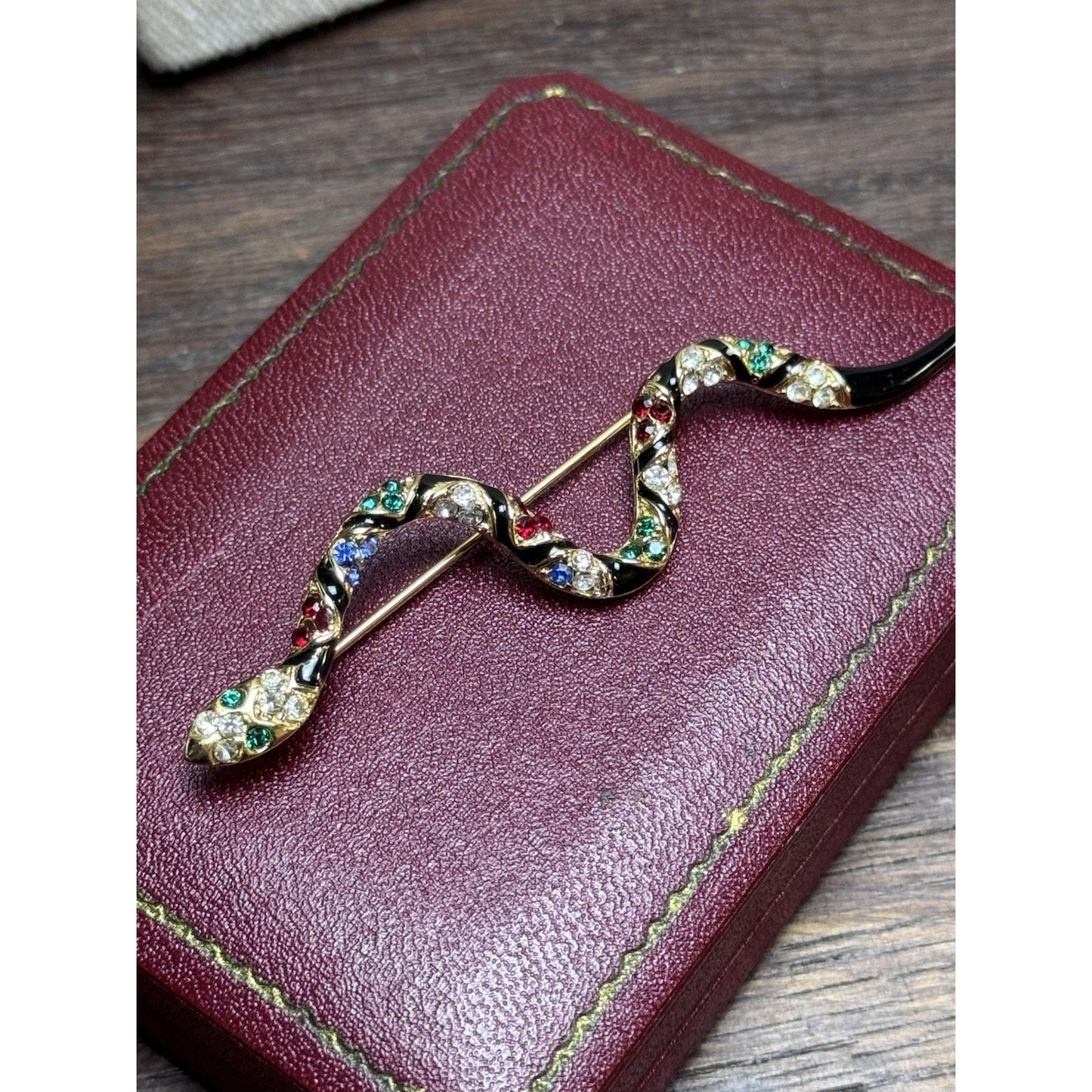 Vintage Serpent Brooch Victorian Revival Rhinestone Black Enamel Snake Pin 3.25”