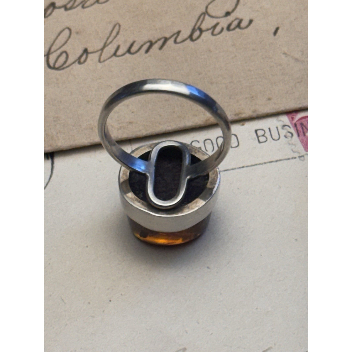 Artisan Amber Ring Tested Silver Modernist Statement Jewelry Size 8.5