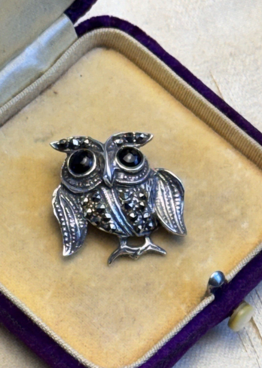 Owl Brooch Sterling Silver Marcasite Black Onyx Eyes Detailed Bird Pin 1”