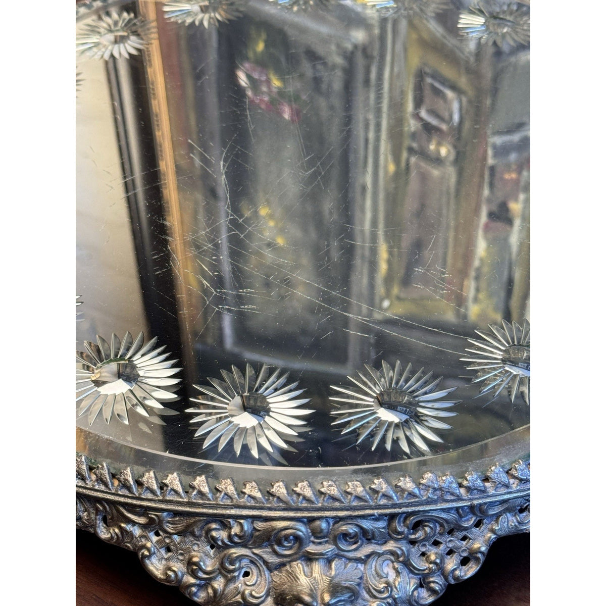 Mirror Plateau Ornate Silvertone Lion Head Paws Beveled Round Top SCRATCHED