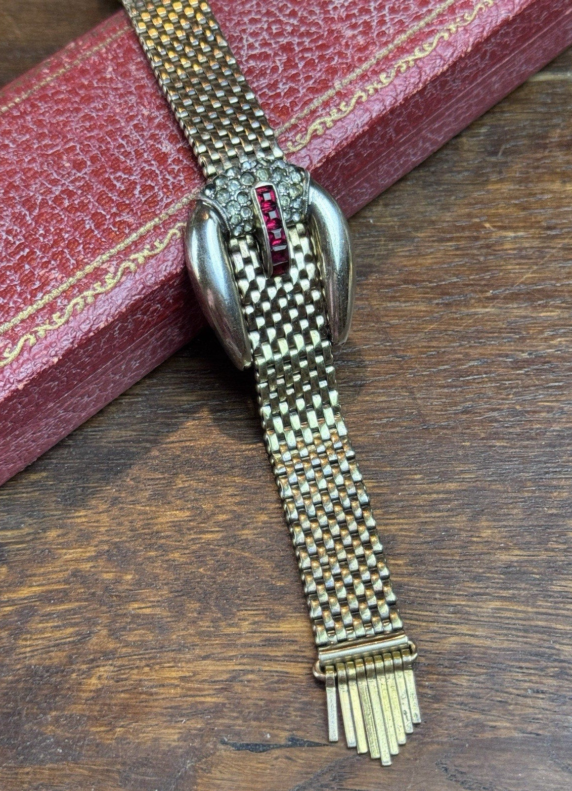 Vintage 1940s Kreisler Mesh Buckle Bracelet Red Glass Rhinestones Goldtone 7”