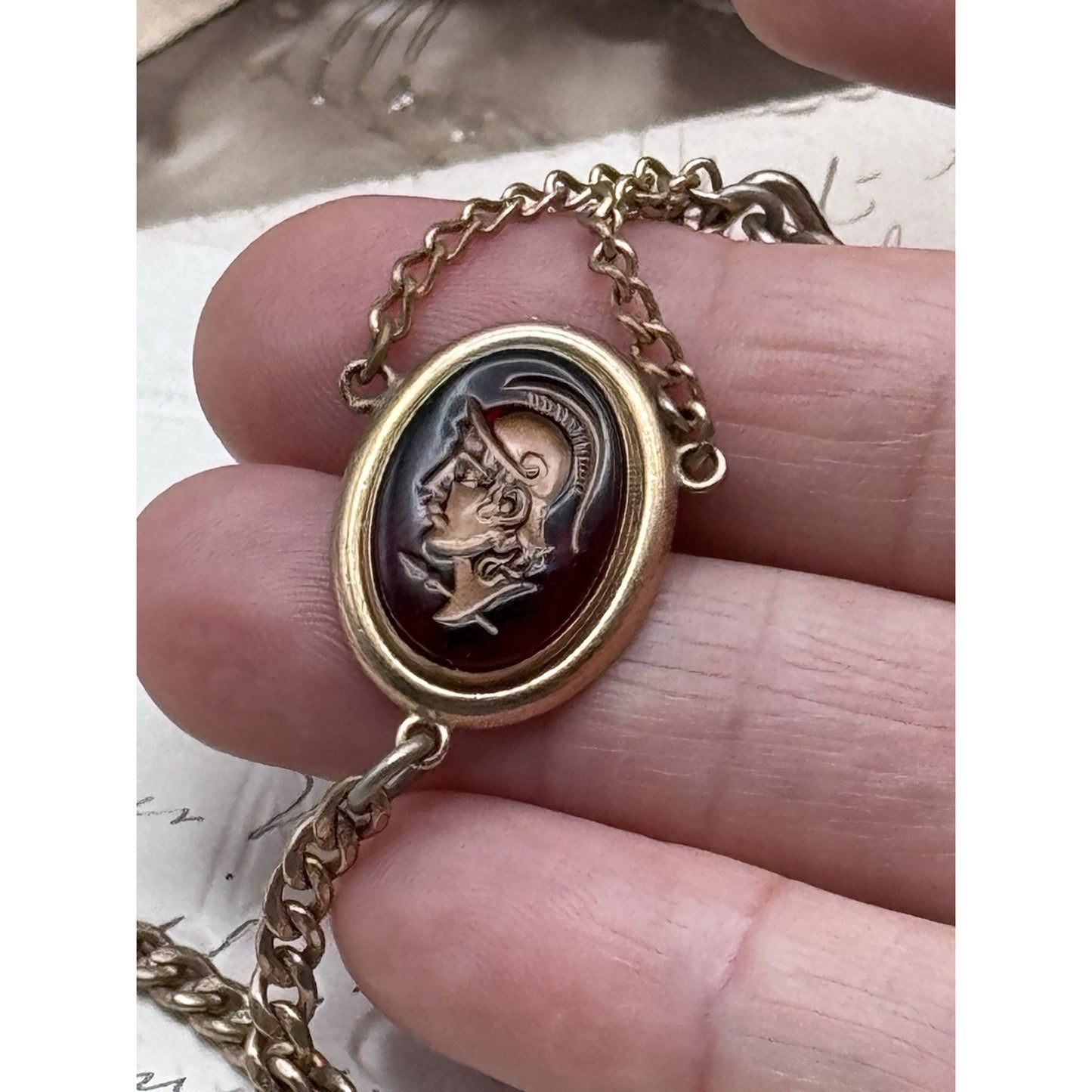 Vintage Rose Goldtone Watch Chain with Roman Centurion Faux Intaglio Pendant