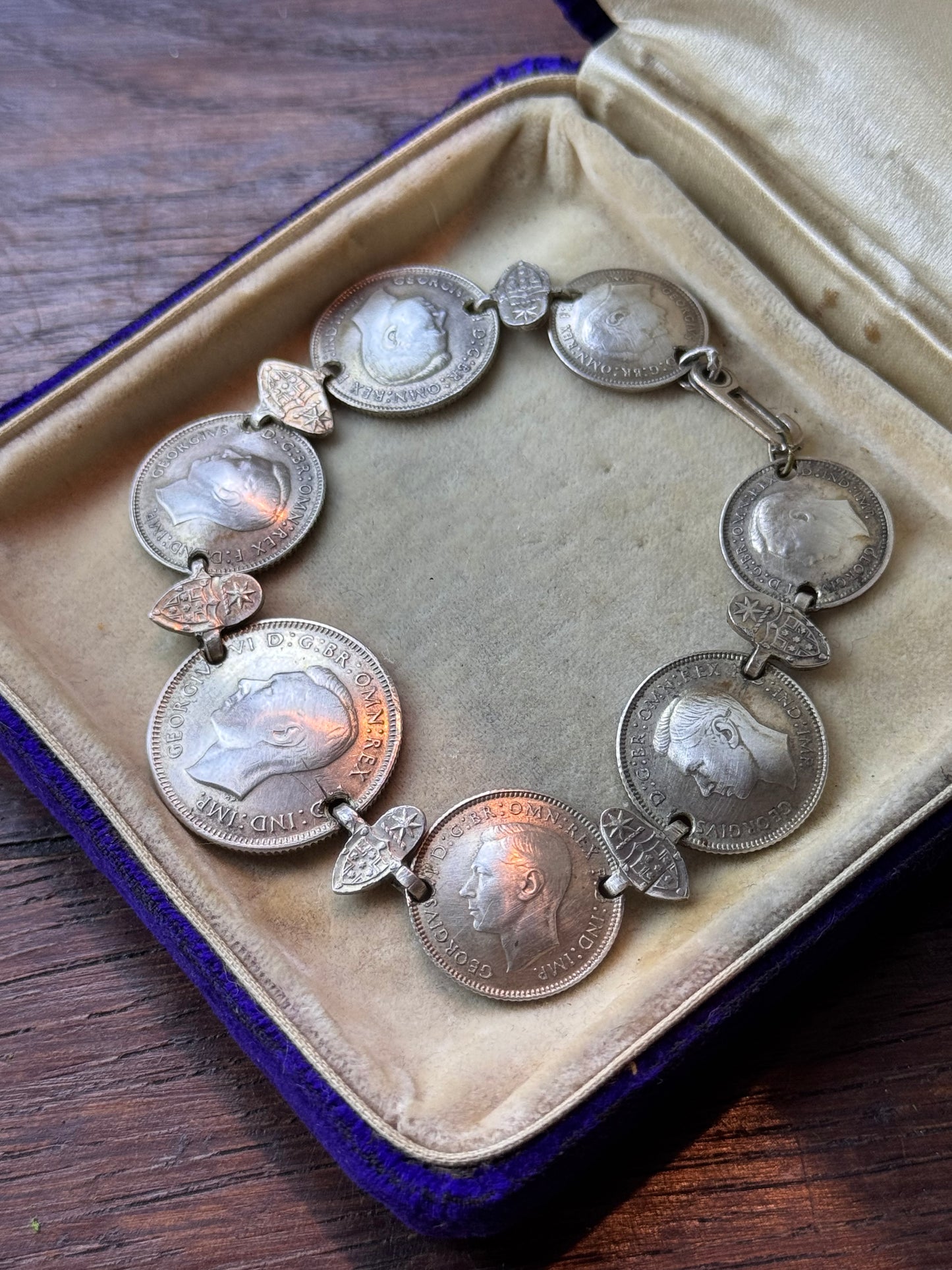 Australian Sterling Silver Coin Bracelet 7” 1942 1943 Shilling Sixpence
