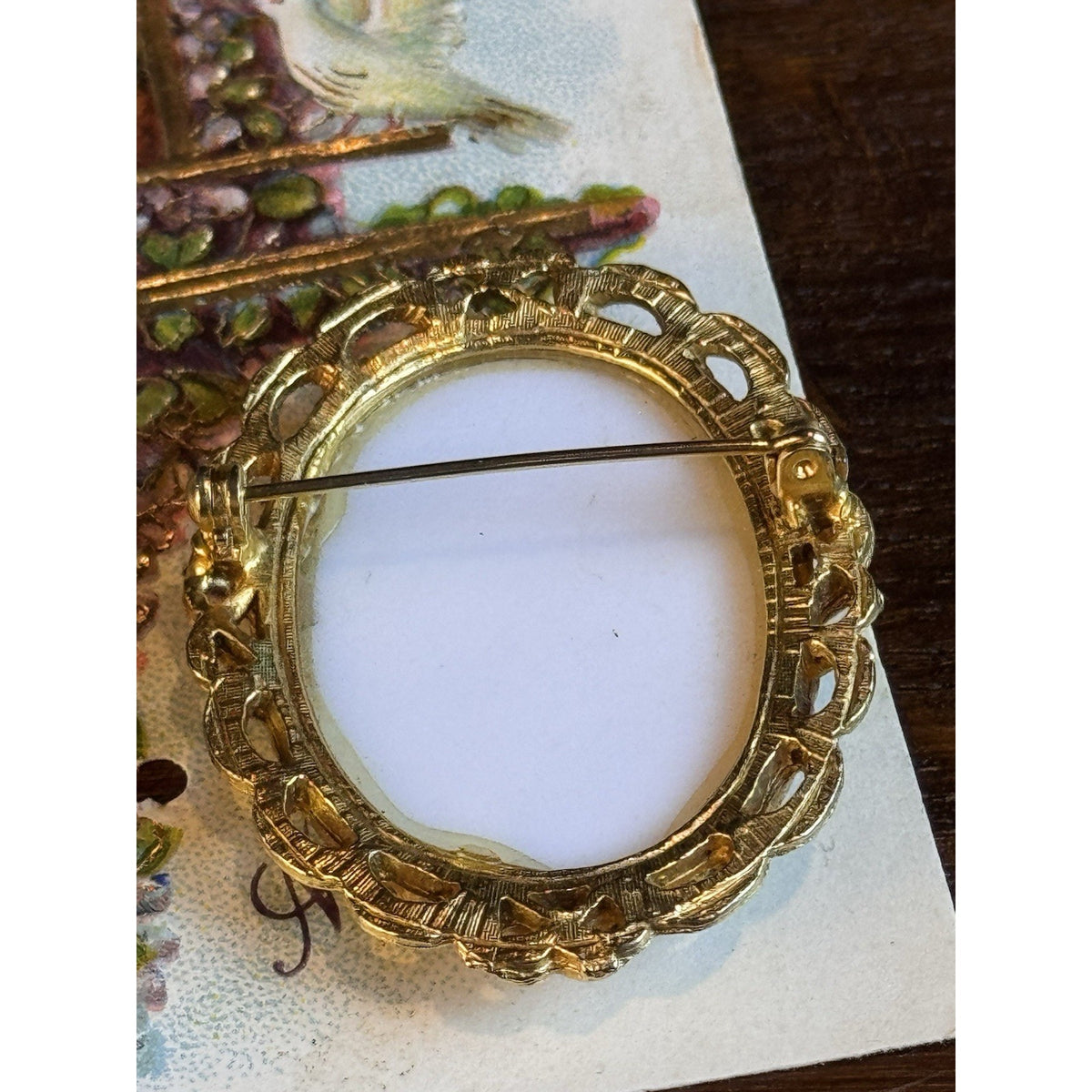 Lady Portrait Brooch VINTAGE Blue Dress Feather Hat Goldtone Oval Frame 2”