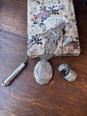 Antique Sterling Silver Chatelaine Mirror Needle Case Thimble 1911 Birmingham 8”