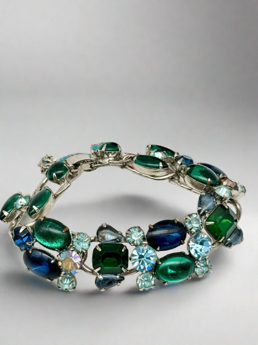 Vintage SIGNED WEISS Rhinestone Bracelet Blue & Green Rhinestone