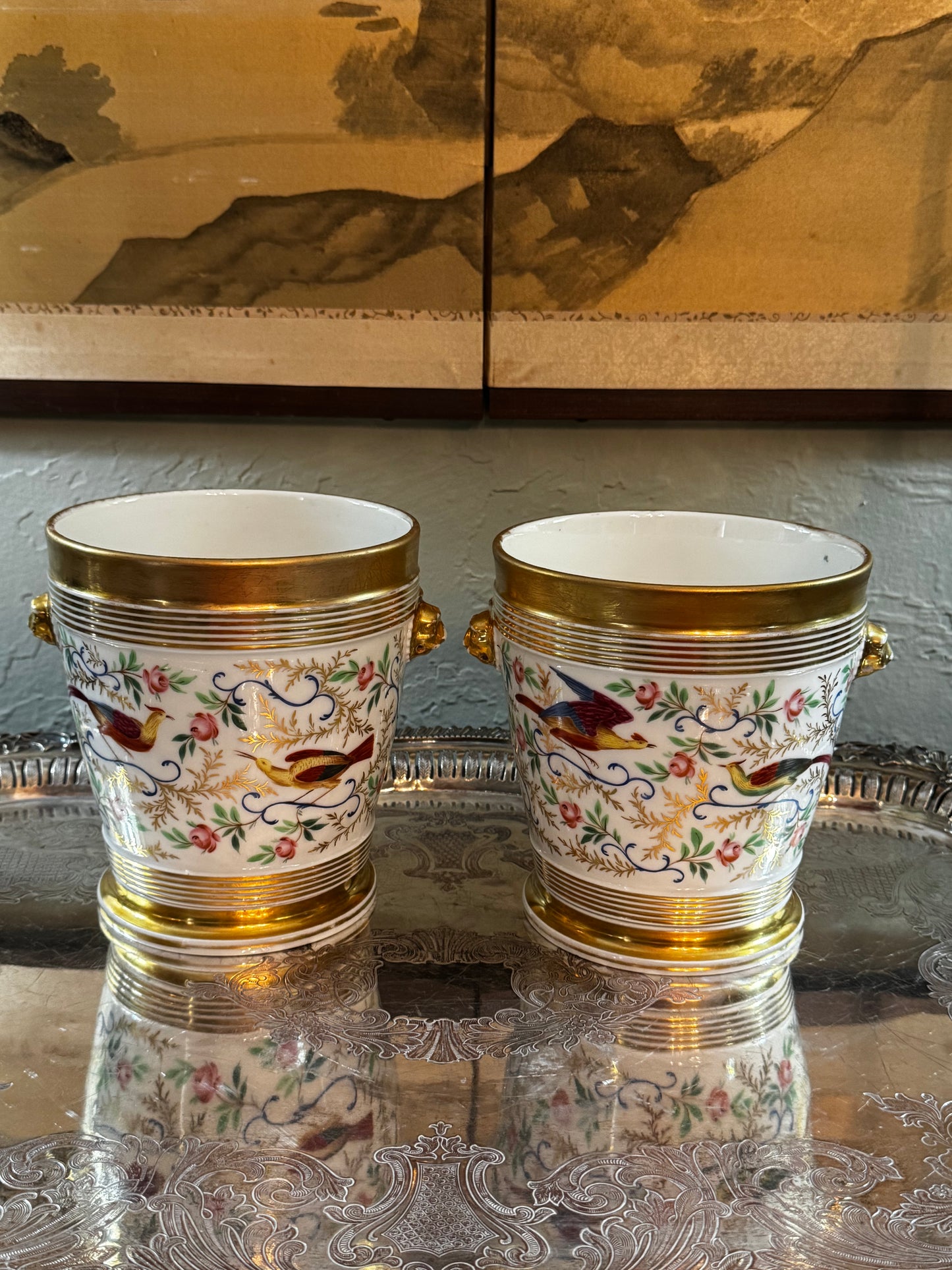 Antique Paris Porcelain Cachepot Planter Pair Hand Painted Bird Motif 19th Century