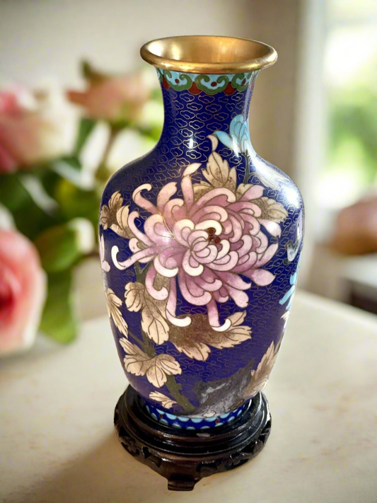 Vintage Cloisonné Vase Blue Chrysanthemum Design With Wooden Stand CHINOISERIE