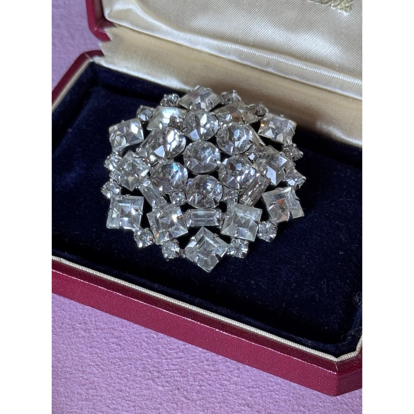 Vintage WEISS Brooch Clear Rhinestone Signed 2” Round Baguette Square