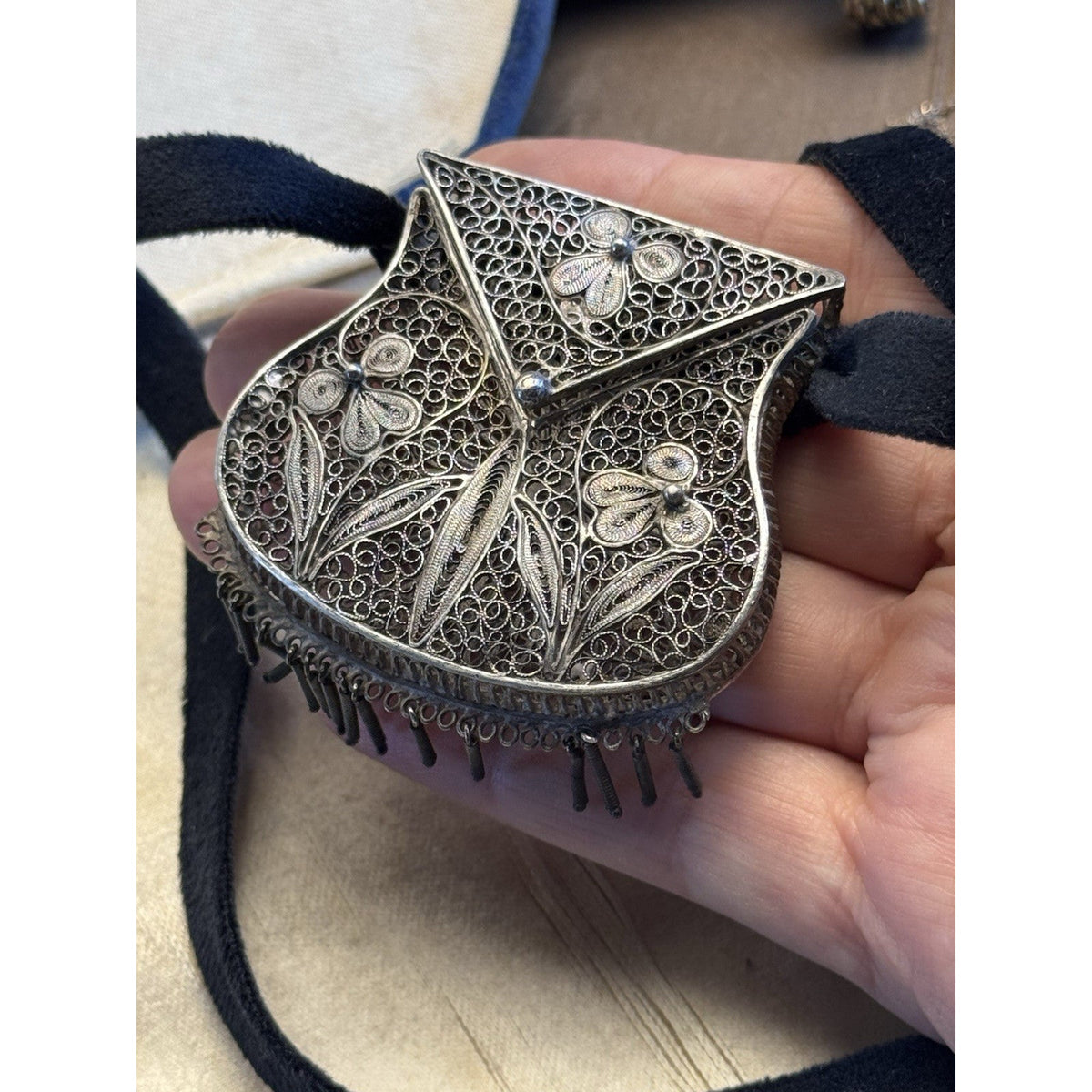 Silvertone Chatelaine Coin Purse Cannetille Filigree Floral Velvet Ribbon