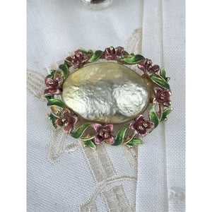 Vintage Goldtone Faux Baroque Pearl Brooch Enamel Floral Signed ART 1.75”