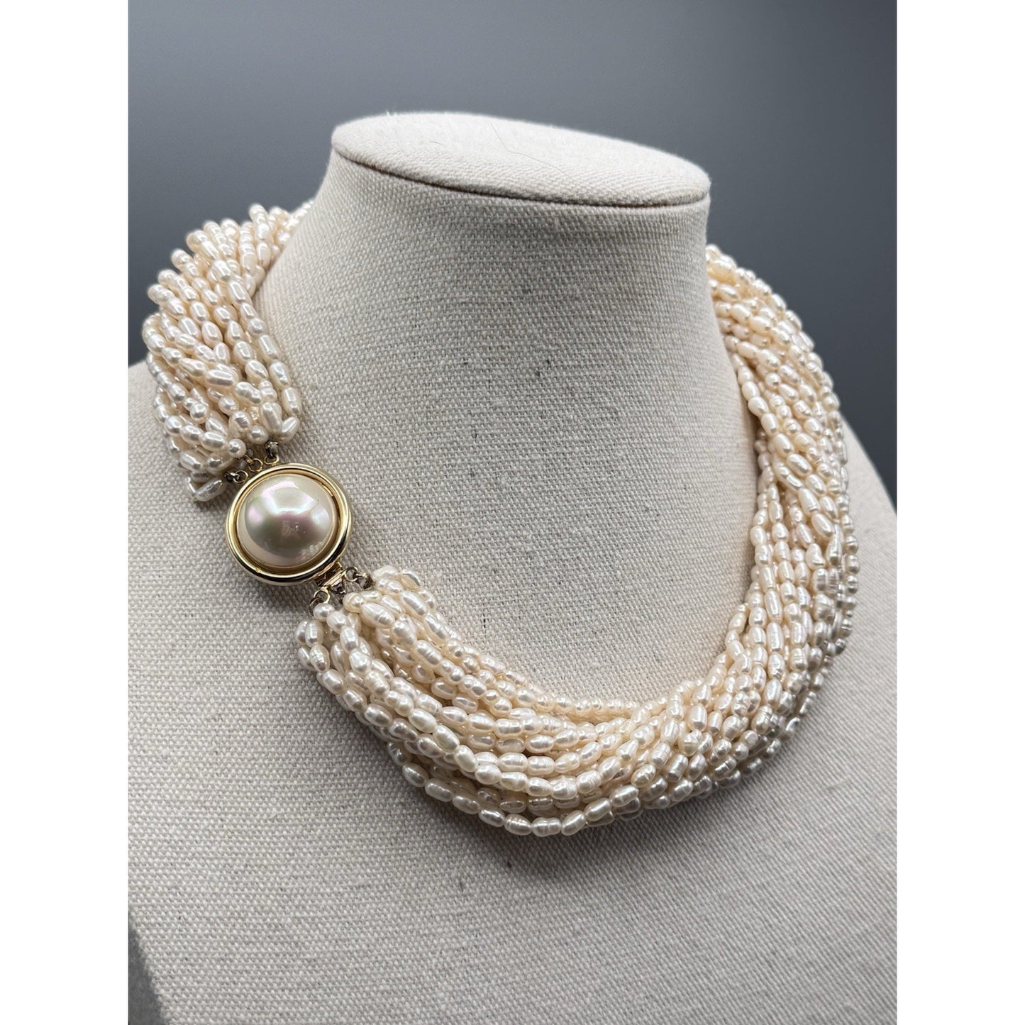 Natural Freshwater Pearl Necklace 19” Multi Strand Rice Pearl Goldtone Clasp