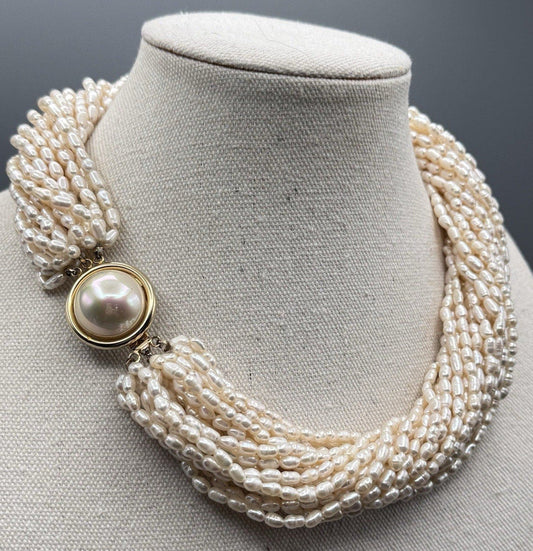 Natural Freshwater Pearl Necklace 19” Multi Strand Rice Pearl Goldtone Clasp