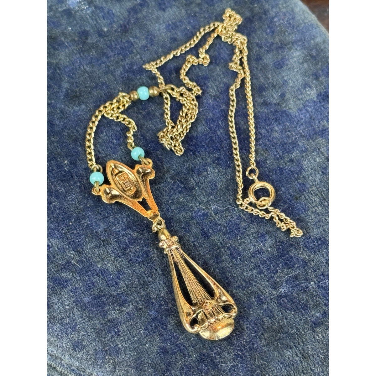 Vintage ART Lavalier Necklace Goldtone Turquoise Blue Beads 16” Signed Pendant