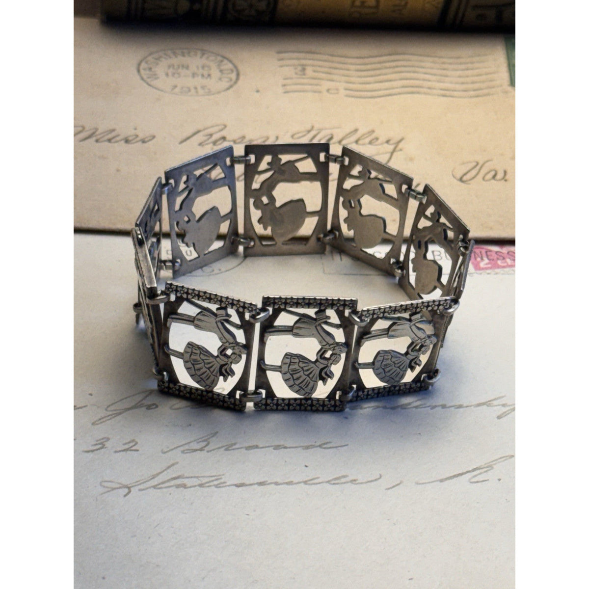 Vintage Sterling Silver Kissing Couple Bracelet Romantic Love Story Panel 6.75”