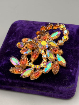 Vintage Rhinestone Brooch AB Navette Amber Glass Pink Crystal Floral 3”