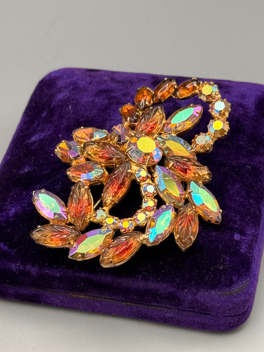 Vintage Rhinestone Brooch AB Navette Amber Glass Pink Crystal Floral 3”
