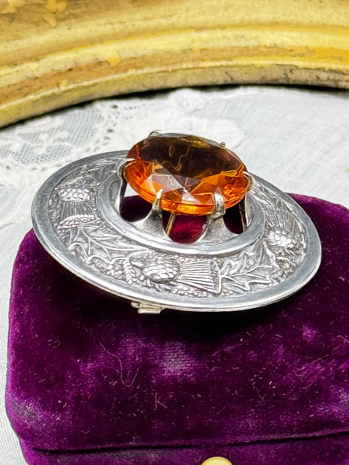 Scottish Thistle Brooch Silver Tested Amber Glass Faceted Stone 1.75” Signed Made Britain