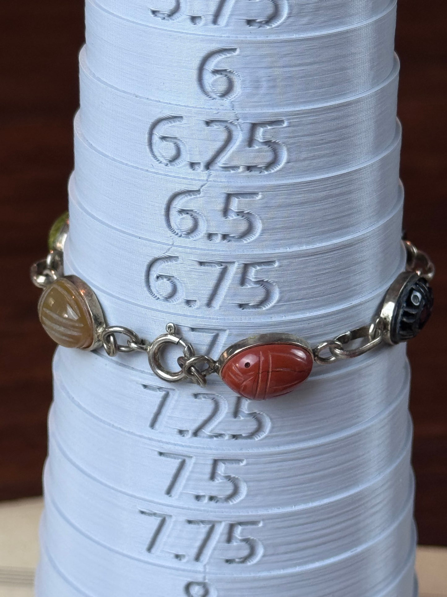 Vintage 925 Sterling Silver Scarab Bracelet Carved Stone 7” Egyptian Revival
