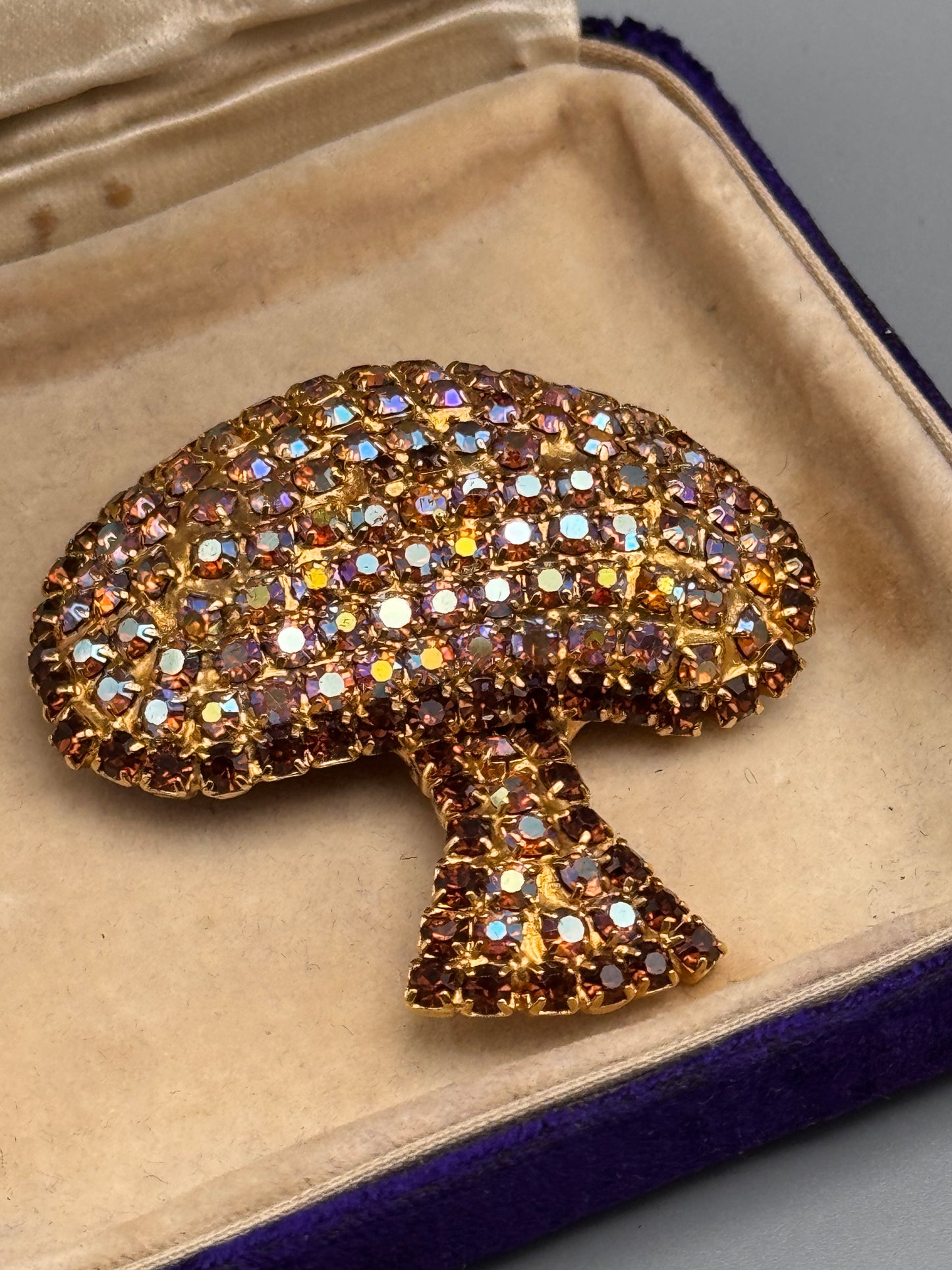 Vintage Rhinestone Mushroom Brooch Goldtone Aurora Borealis 2″