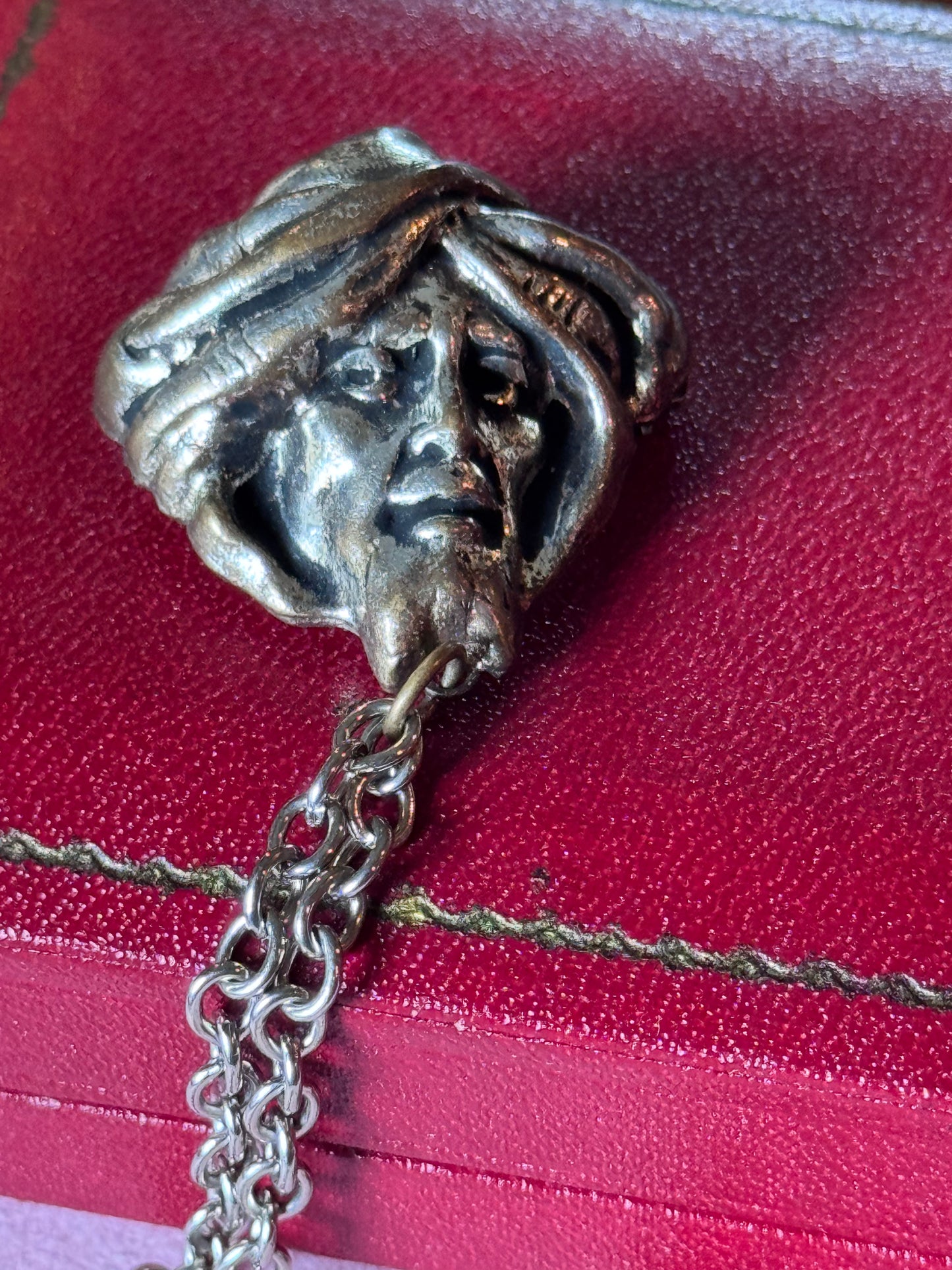Vintage Chatelaine Brooch Turban Head “”Scimitar Toy Sword”” Dangle Chain Silvertone