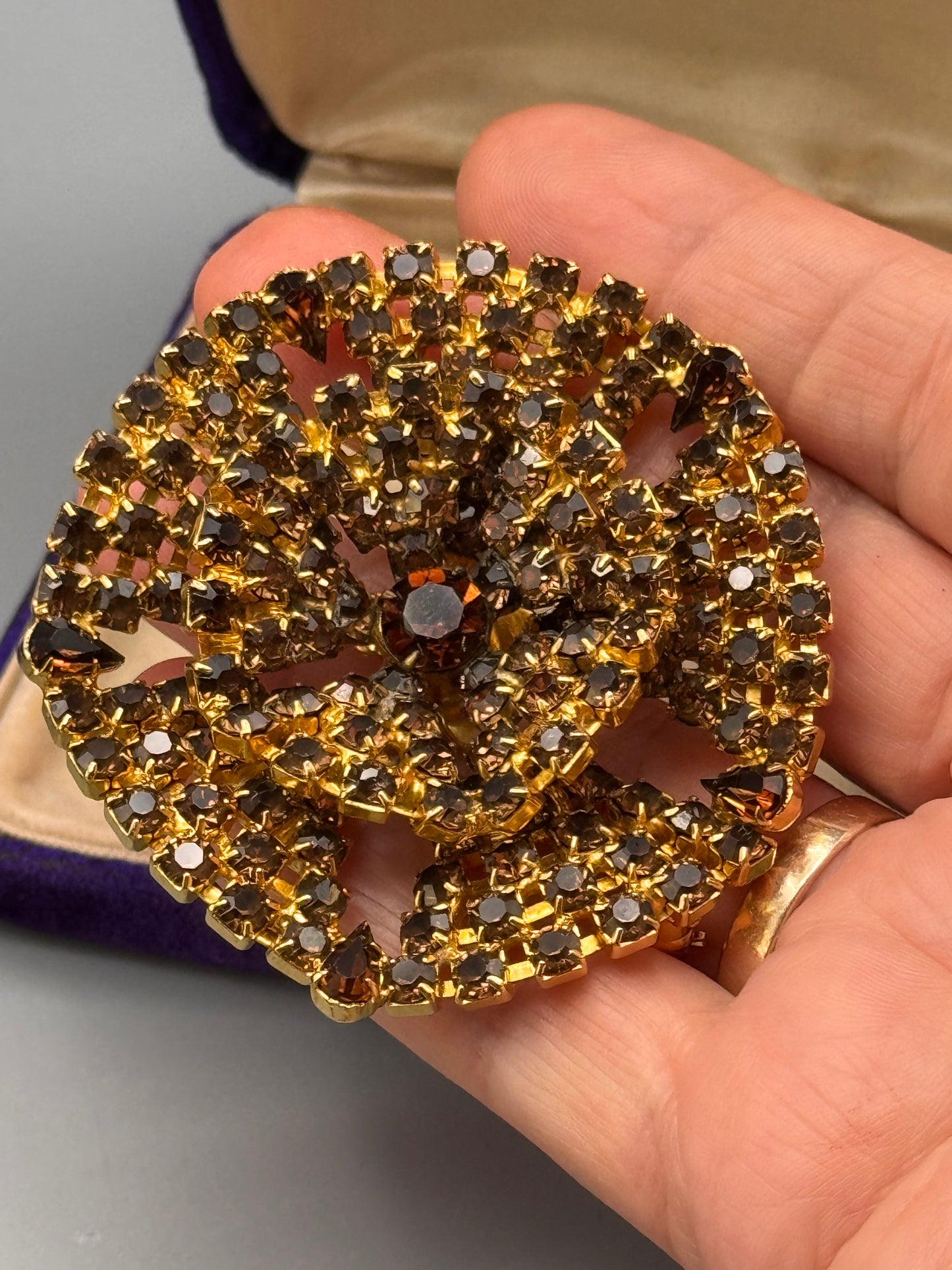 Vintage Topaz Rhinestone Brooch Goldtone Layered Statement Pin 2.5” Large