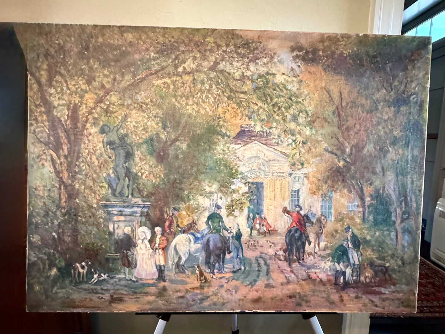 Vintage Oil Painting Fox Hunt Scene Country House Equestrian 35 X 25”