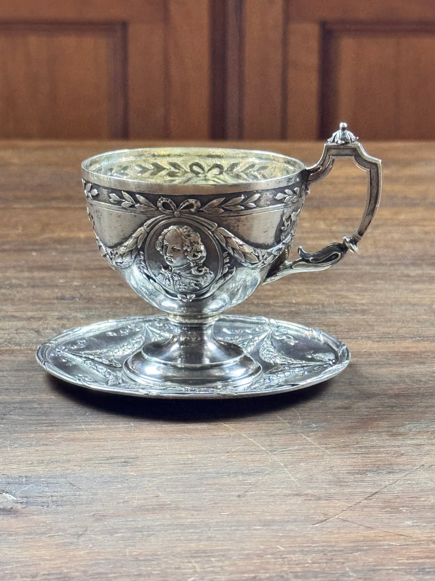 Vintage Silverplate Demitasse Cup & Saucer Cameo Repousse Pseudo Hallmark