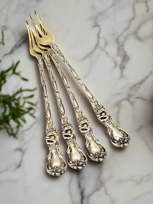 Art Nouveau Cocktail Forks 6" long Set of 4 in Case 1902 PAT. R WALLACE