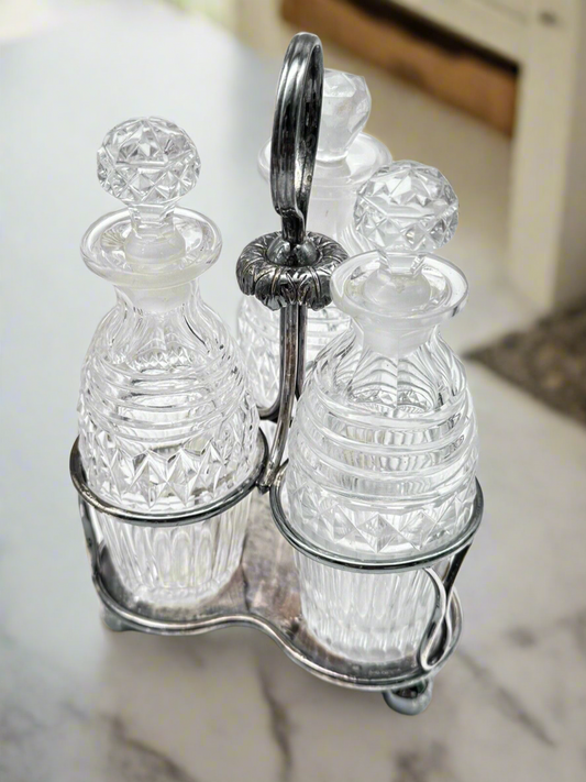 Antique EDWARDIAN Small Cruet Set Silverplate Chrystal Bottles