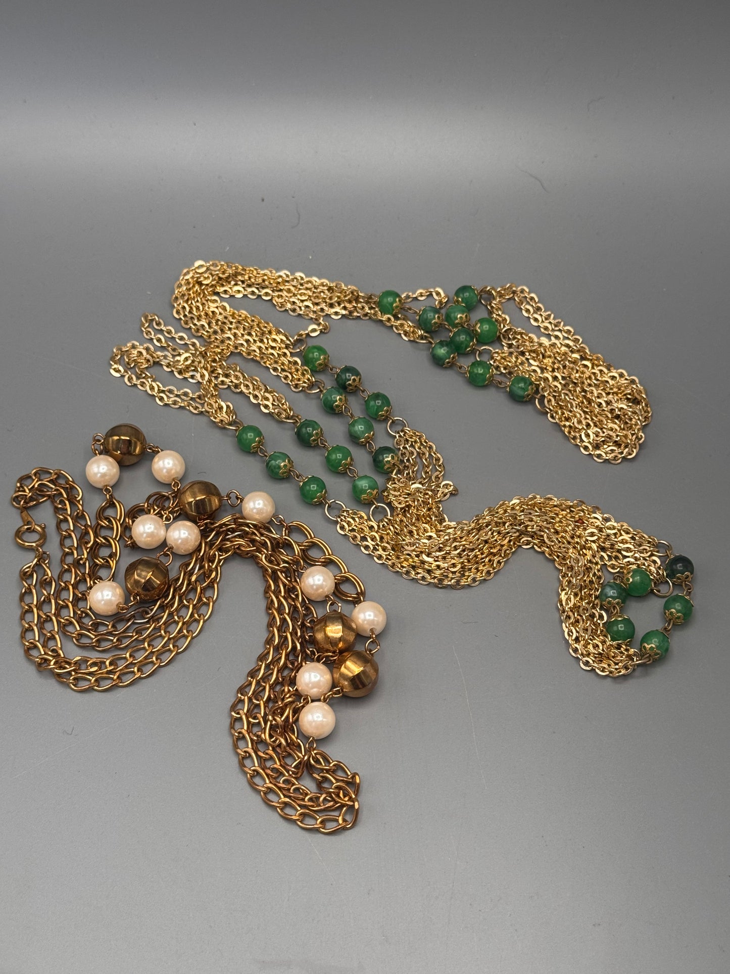 Vintage Necklace Lot Goldtone Faux Pearl Chain Green Bead Long 36” 60”