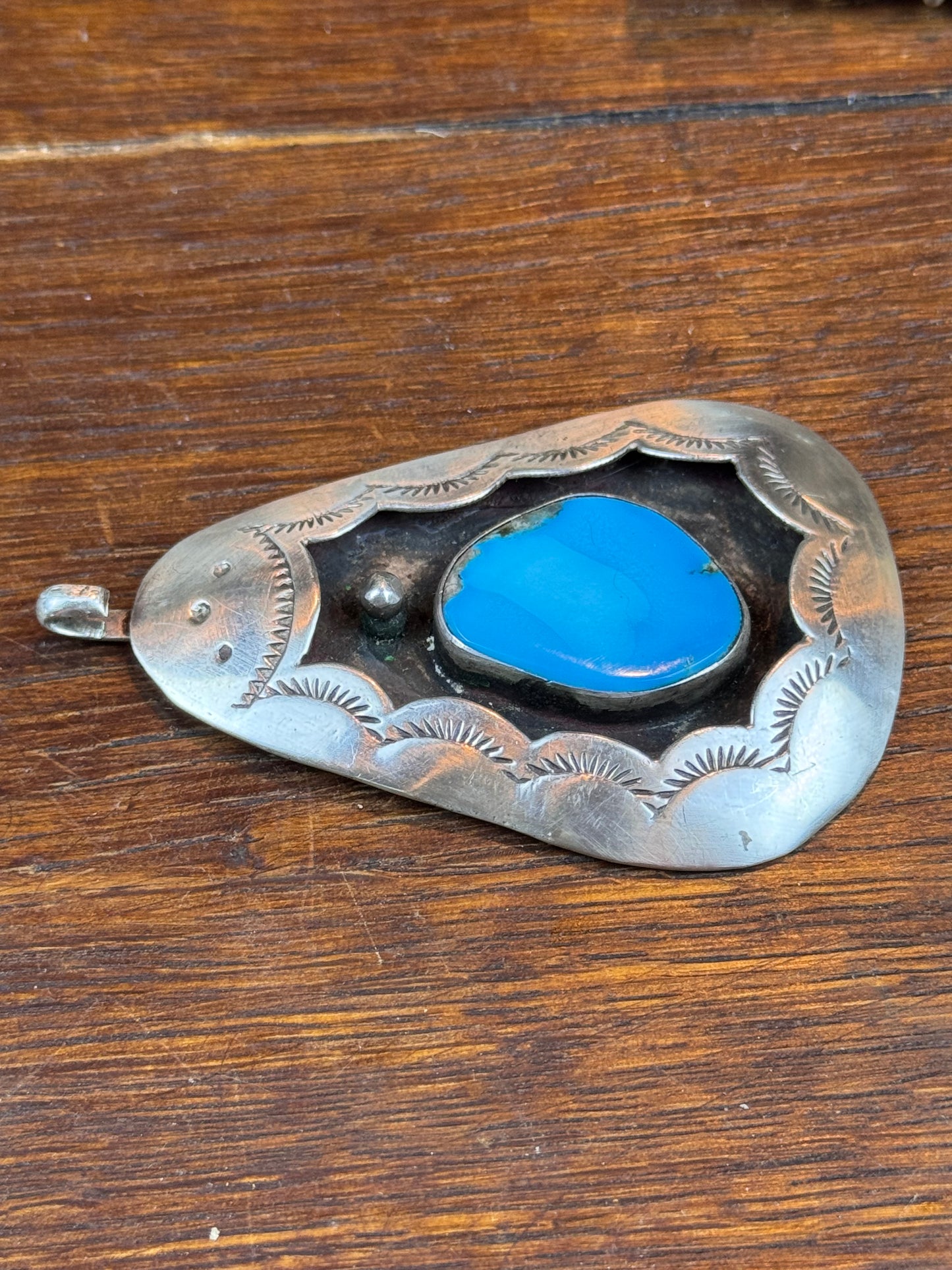 Vintage Silver Turquoise Pendant Signed Ashley Southwestern Large 2.5”