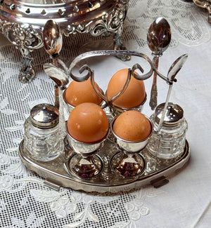 Early 20th Century Chrome Egg Cruet Set Apostle Spoons Salt Pepper Server 8”