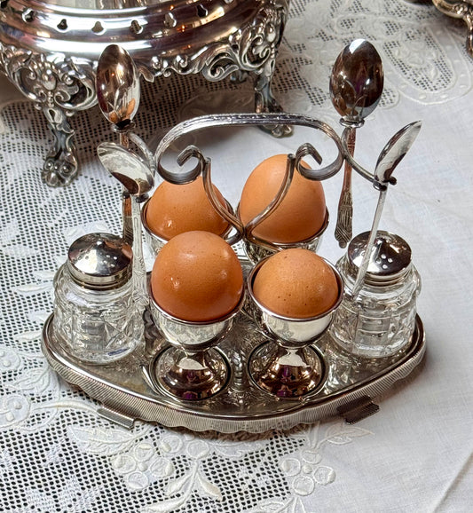 Early 20th Century Chrome Egg Cruet Set Apostle Spoons Salt Pepper Server 8”