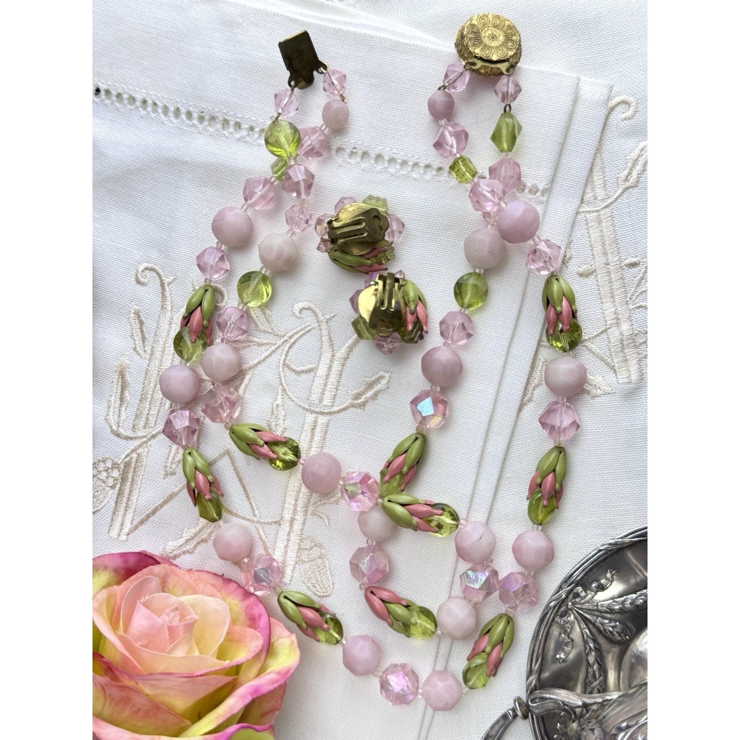 Vintage Pink Green Glass Bead Necklace Clip Earrings Set