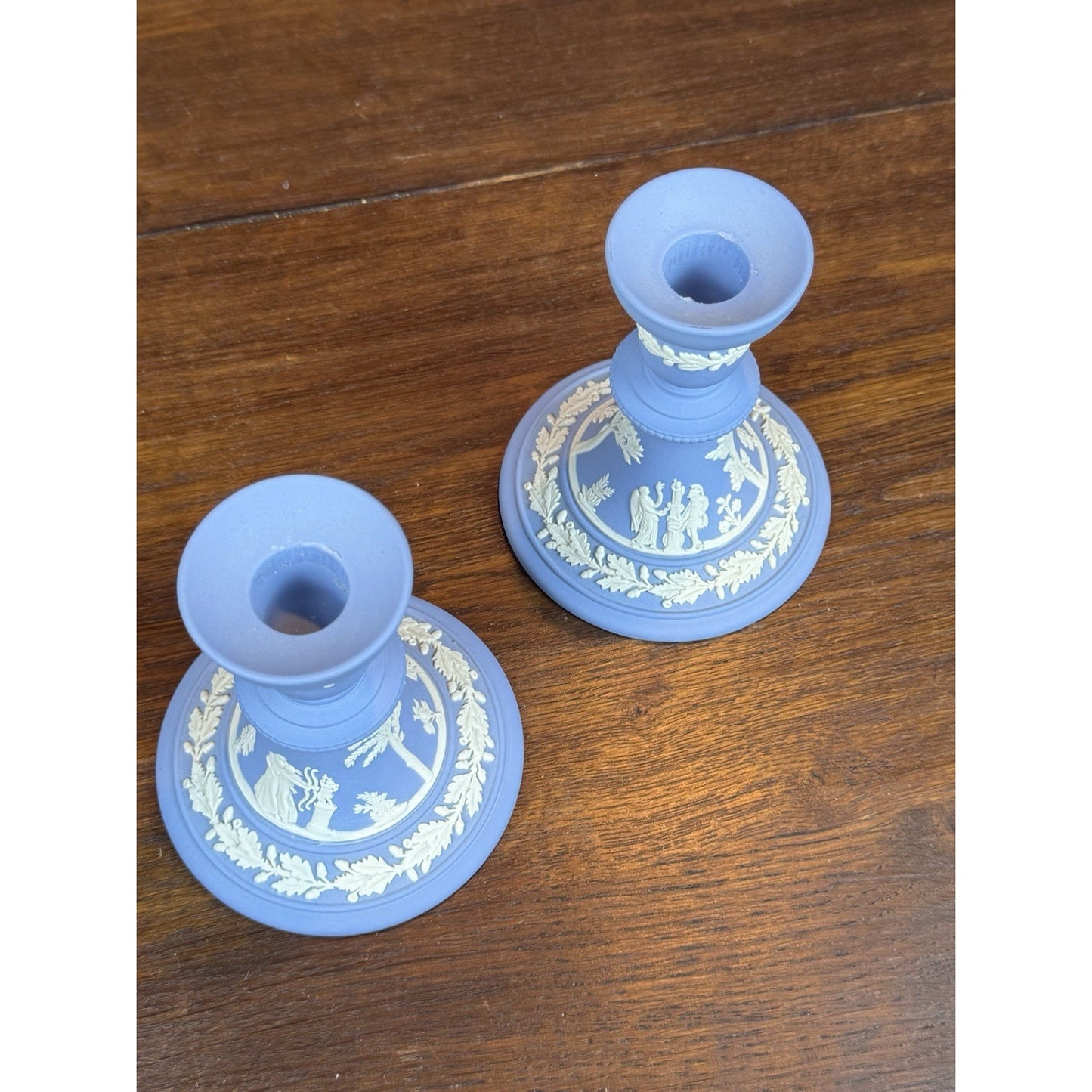 Wedgwood Blue Jasperware Candlestick Pair NEOCLASSICAL Figures 1982 4.75”