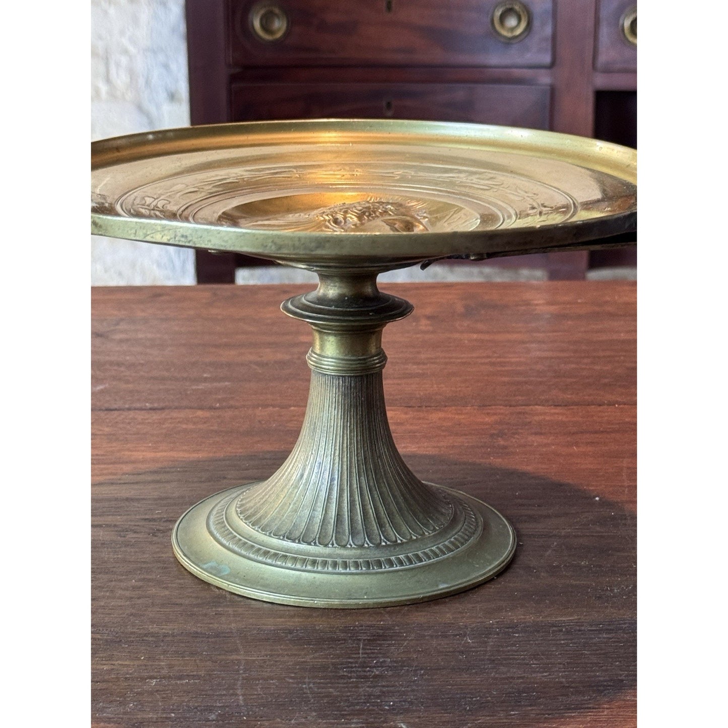 Antique Brass Tazza Compote Classical Medallion Pedestal Dish 14” Handles