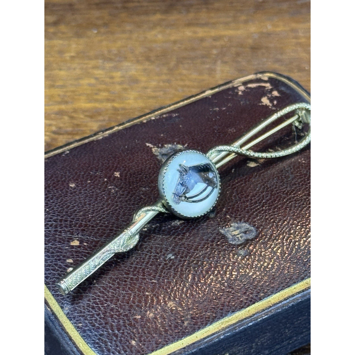 Vintage Horse Brooch Riding Crop Reverse Painted Equestrian Portrait 2.5” x 3/8”