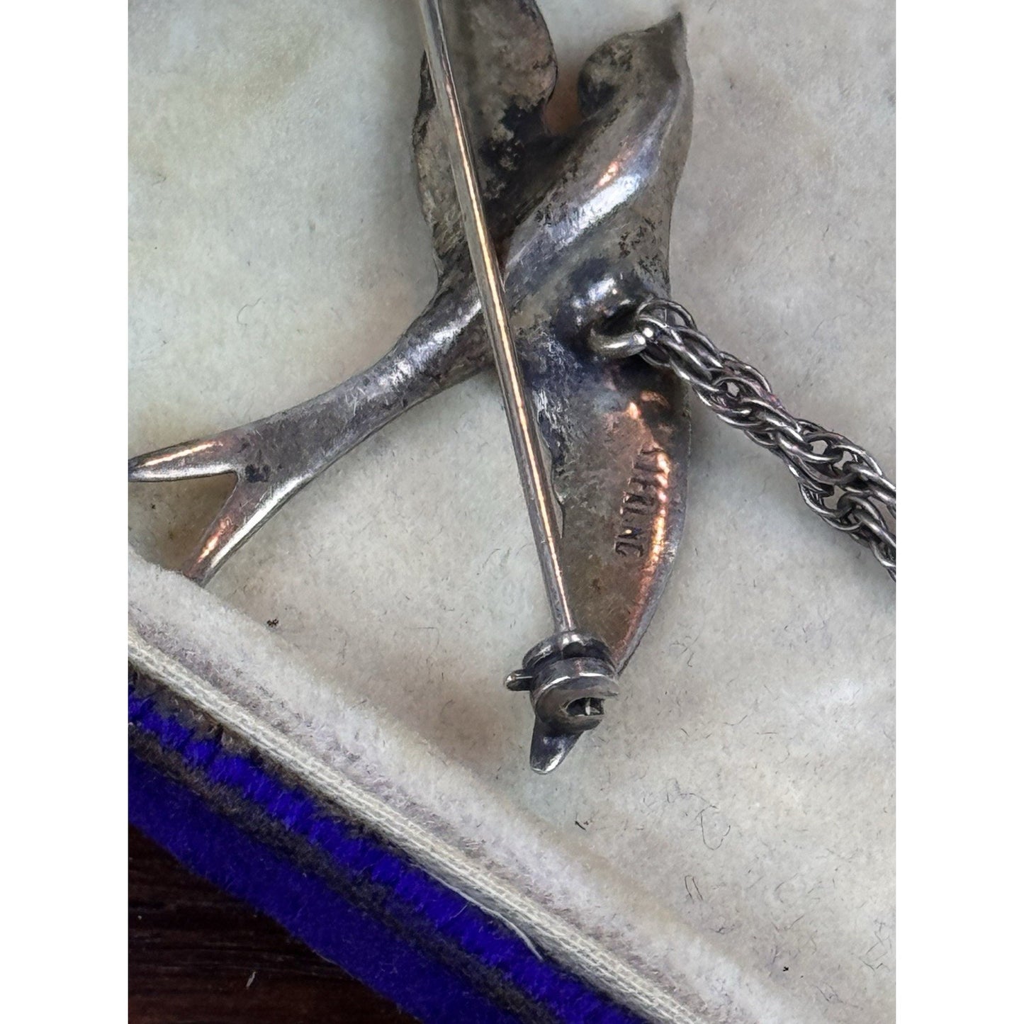 Vintage Sterling Silver Chatelaine Brooch Swallow Roses Double Chain 5.25”