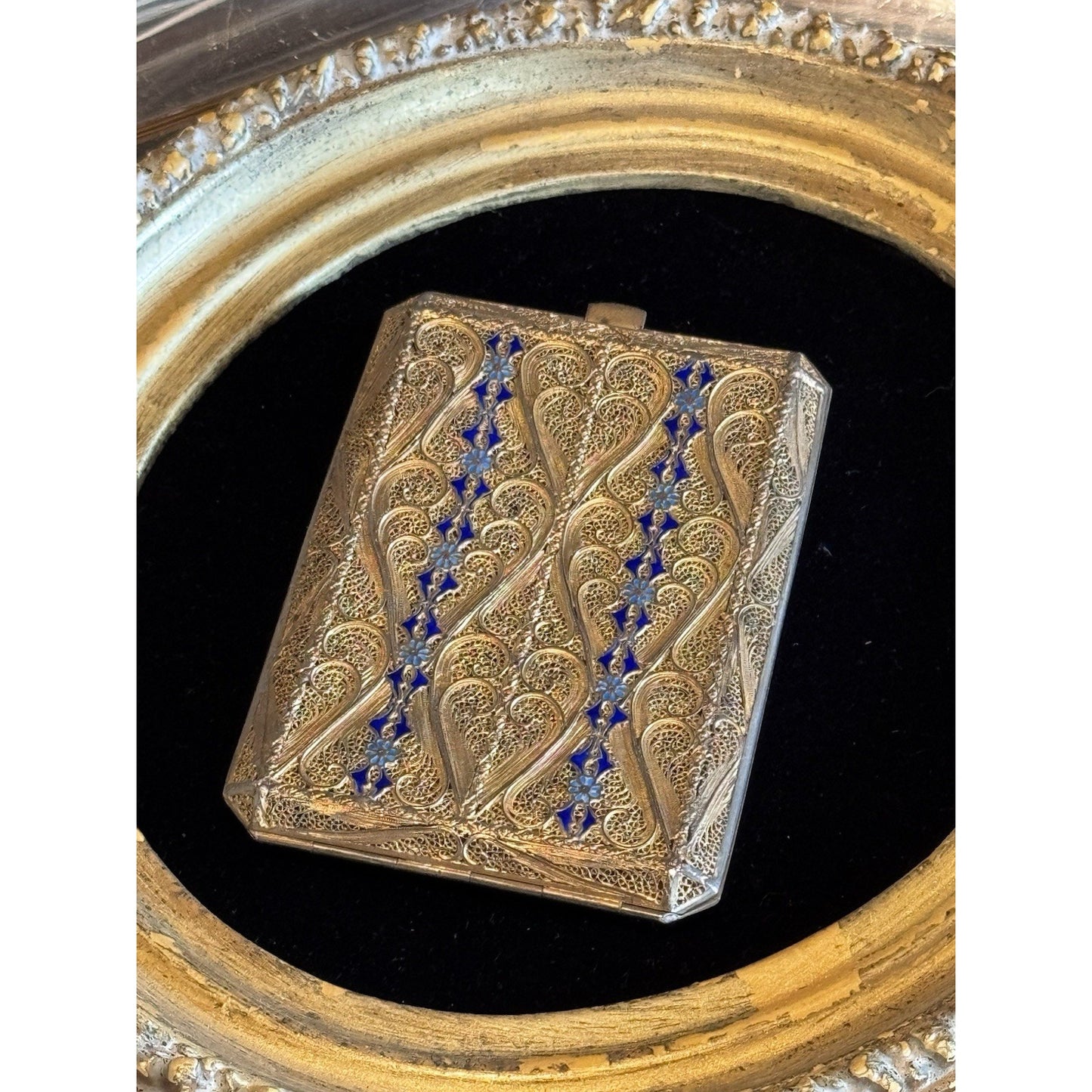 Vintage Cannetille Silver  Case Blue Enamel Gilt - Business Card Holder-