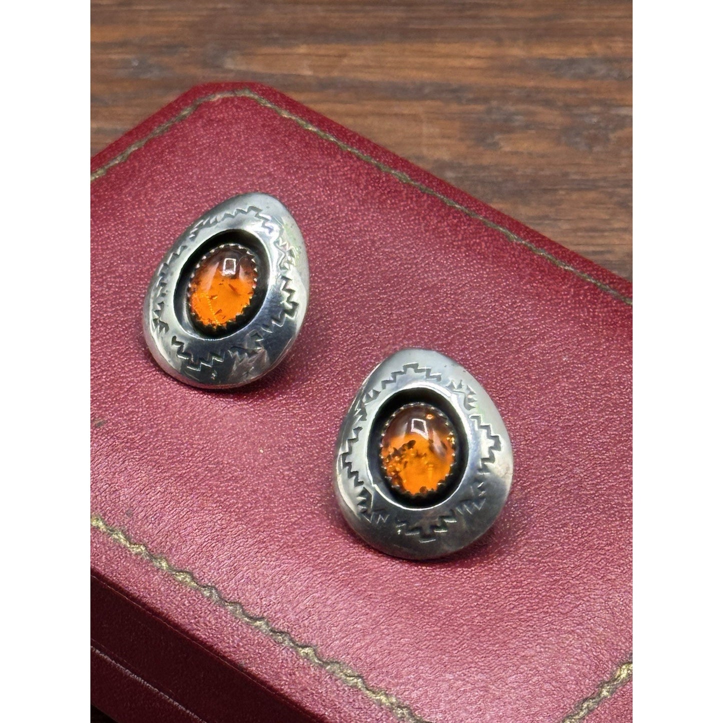 Vintage Navajo AG Sterling Silver Amber Post Earrings Southwestern 1” x .75”