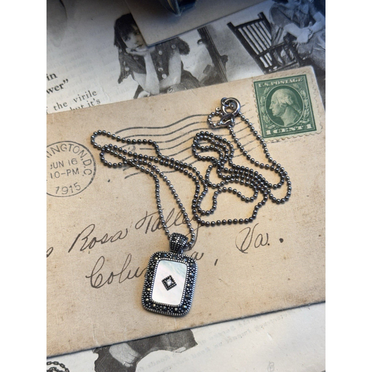 925 Sterling Silver Mother Of Pearl Marcasite Pendant Necklace 23” Ball Chain 1”