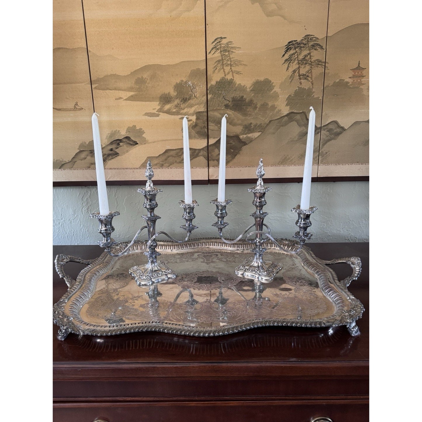Antique Style Repousse Candelabra Pair Silverplate 3 Light W Snuffers 11”