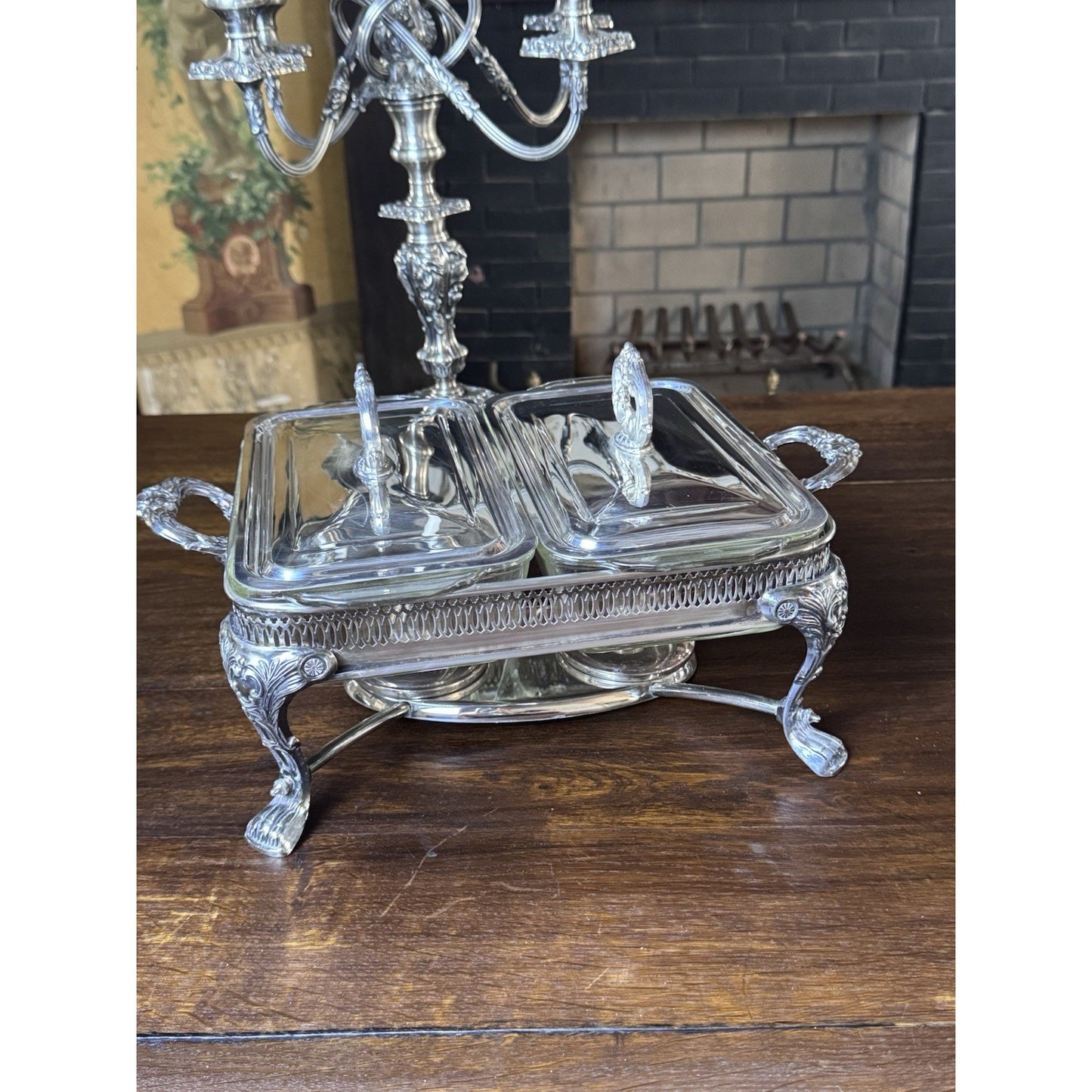 Silverplate Double Chafing Dish Warmer with Two Fire-King 1 Qt Covered Dishes