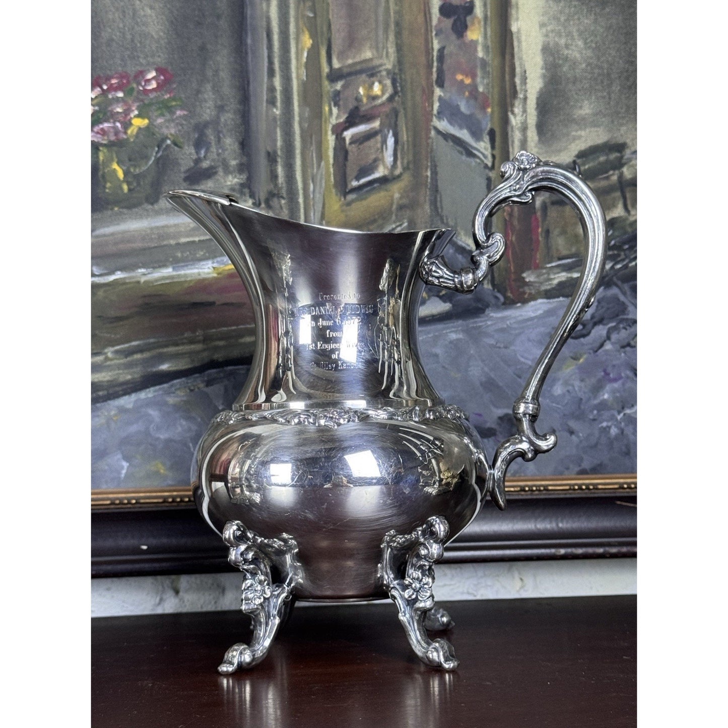 Silverplate Pitcher Footed Ornate Presentation Ewer Engraved 1972 10”h